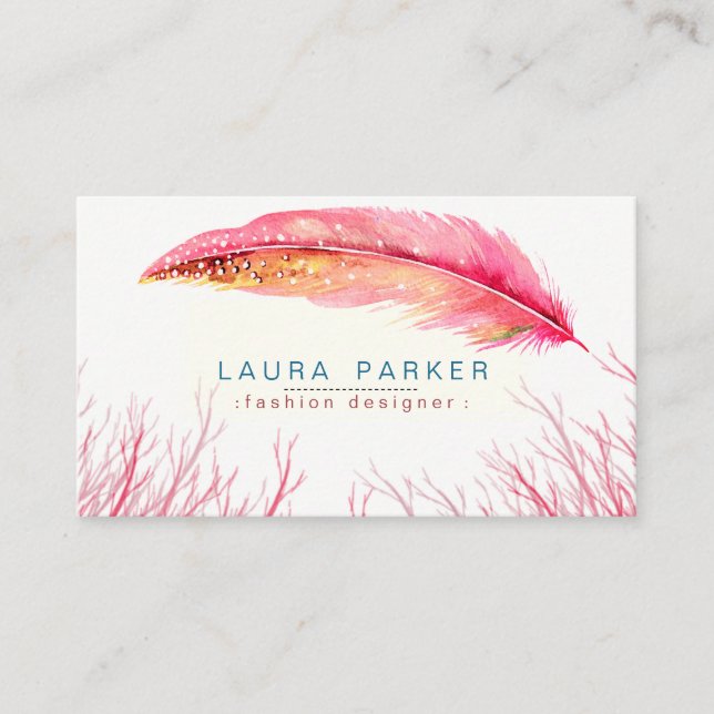 Pink Feather Watercolor Boho Girly Chic Business Card (Front)