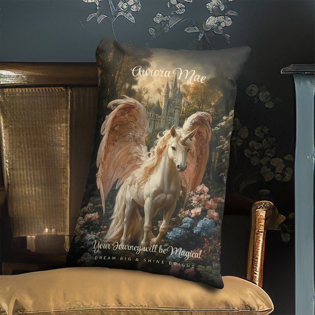 Pink Feathered Unicorn Pegasus Woodland Magic Lumbar Cushion (Creator Uploaded)