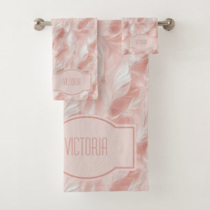 Pink Feathers Delicate White Monogrammed Bath Towel Set