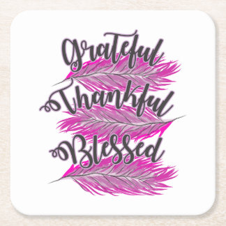 pink feathers grateful thankful blessed  square paper coaster
