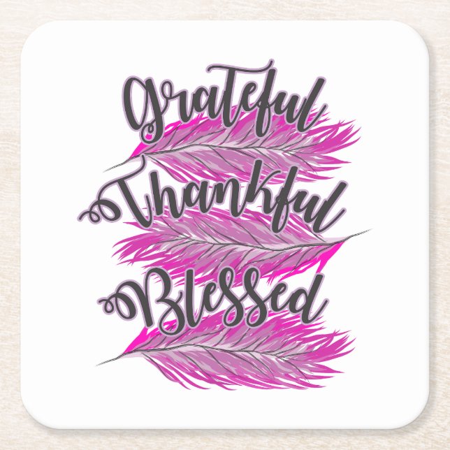 pink feathers grateful thankful blessed  square paper coaster (Front)