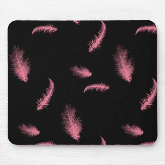 Pink Feathers On Black Mouse Pad (Front)