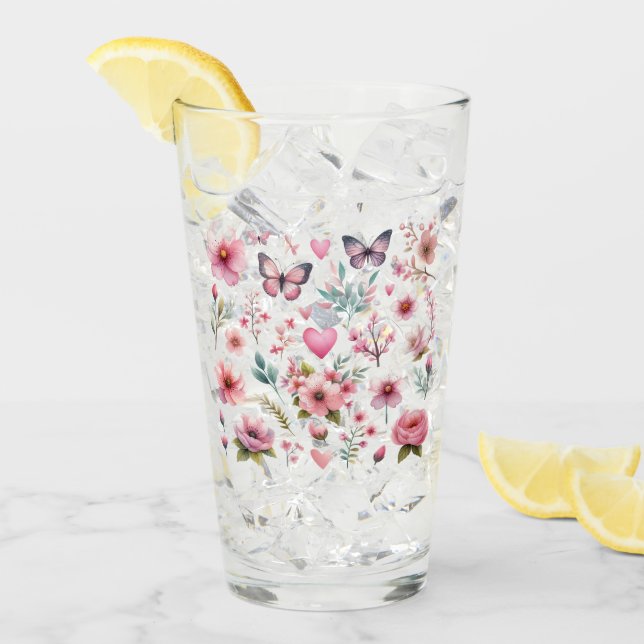 Pink Feminine Flowers and Butterflies Glass (Front Ice)