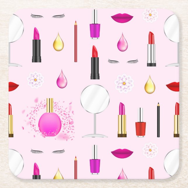 Pink feminine makeup pattern square paper coaster (Front)