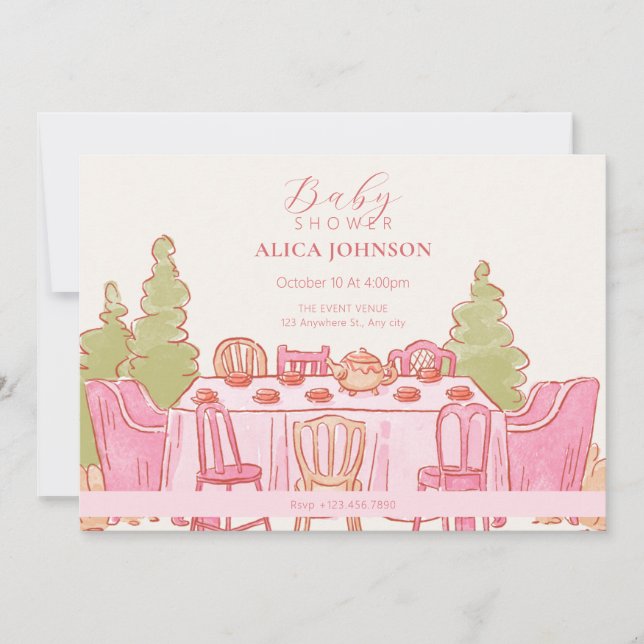 Pink feminine pastel tea party baby shower invitation (Front)