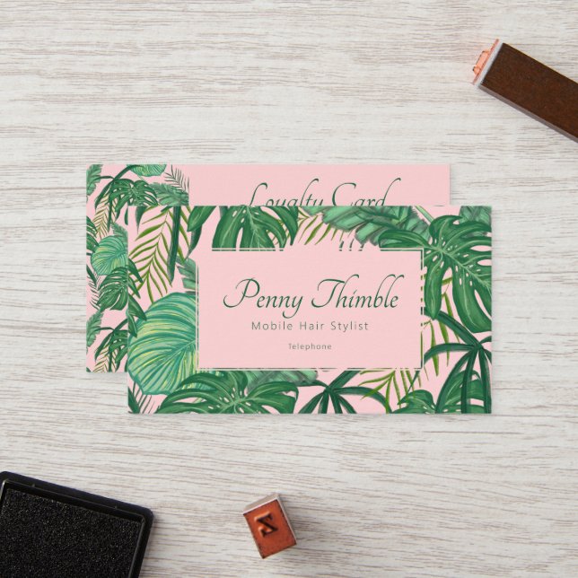 Pink Feminine Tropical Monstera Jungle Palm Loyalty Card (Front/Back In Situ)