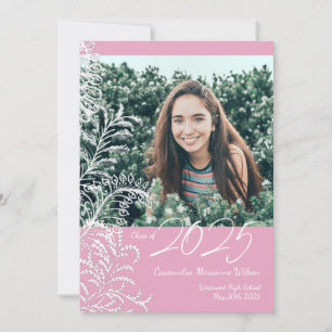 Pink Fern Vintage Photo Graduation Invitation