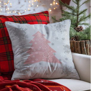 Pink Festive Christmas Tree Throw Pillow