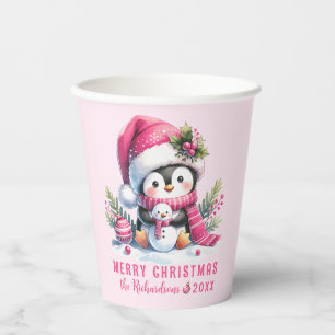 Pink Festive Cute Penguin Merry Christmas Paper Cups