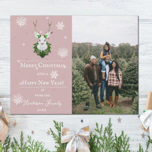 Pink Festive Reindeer Holiday Photo Card