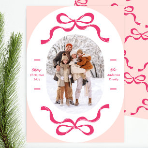 Pink Festive Retro Trendy Bows Oval Photo Holiday Card