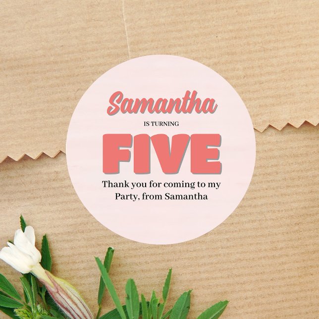 Pink Fifth Birthday Girl Party Floral Classic Round Sticker (Pink Fifth Birthday Party Custom Favor sticker)