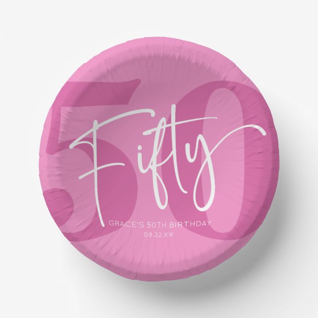 Pink Fifty 50th Fiftieth Birthday Party Paper Plate (Front)