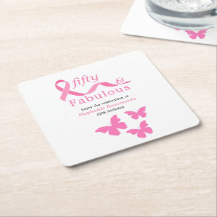 Pink Fifty Fabulous Fighting Cancer 50th Birthday Square Paper Coaster