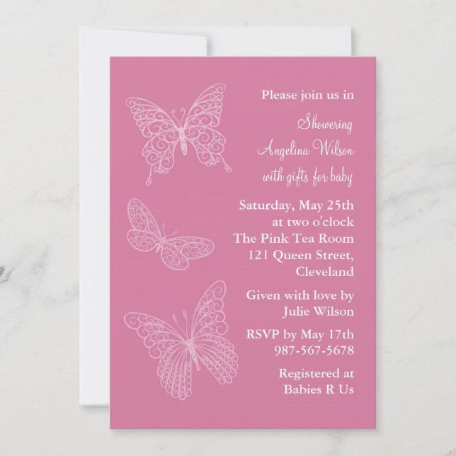 Pink Filigree Butterflies Invitation (Front)