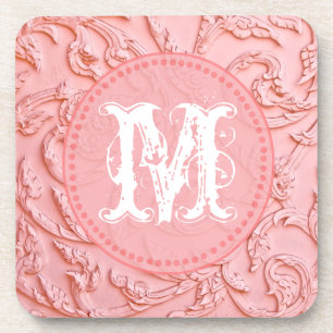 Pink Filigree Wood Carving Monogram Drink Coaster