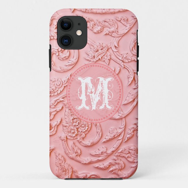 Pink Filigree Wood Carving Monogram IPHONE 5 Case (Back)