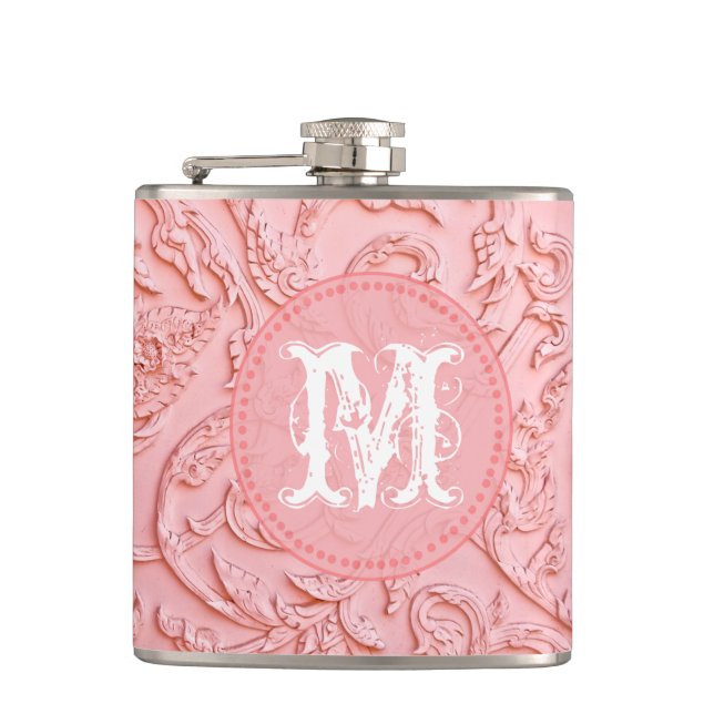 Pink Filigree Wood Carving Monogram Whiskey Flask (Front)