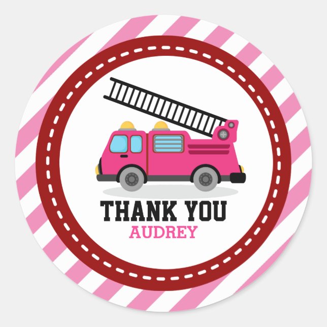 Pink Fire Engine Truck Party Thank You Favour Classic Round Sticker (Front)