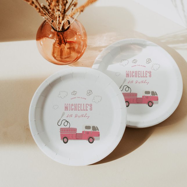Pink Firetruck Birthday Paper Plate (Creator Uploaded)
