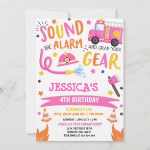 Pink Firetruck Girl Birthday Party Invitation