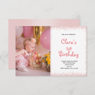 Pink First Birthday Baby Girl Photo Invitation