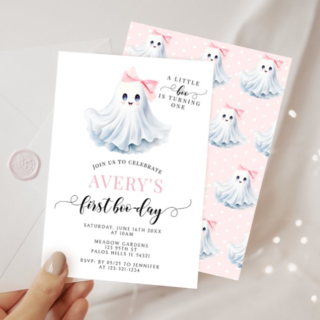 Pink First Boo Day Ghost Bow Birthday Girl Invitation (Creator Uploaded)