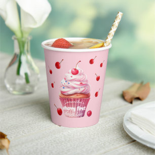 Pink First Cherry & Cupcake Birthday Party Paper Cups
