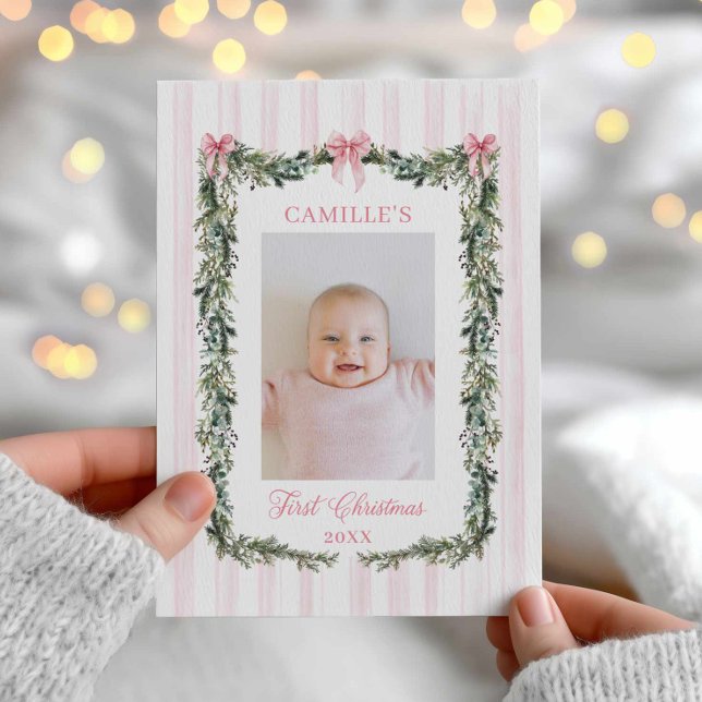 Pink First Christmas Baby Girl Photo Card (Pink Bow Girl First Christmas Photo Card)