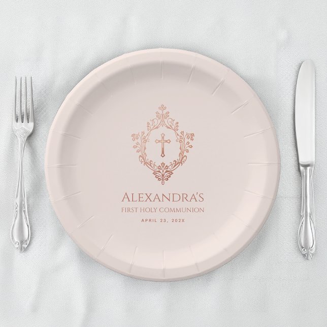 Pink First Communion Girl Elegant Rose Gold Crest  Paper Plate (Creator Uploaded)