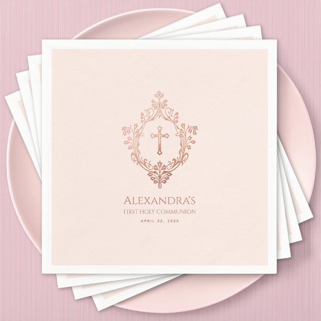 Pink First Communion Girl Rose Gold Crest Elegant Napkin (Creator Uploaded)