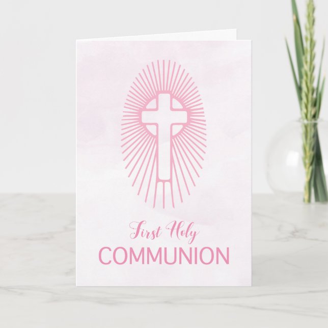 Pink First Holy Communion Cross Host Rays Card (Front)