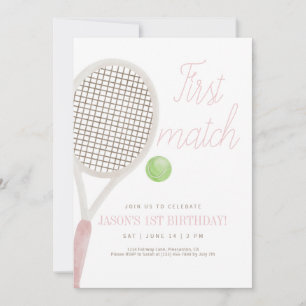 Pink First Match Tennis Birthday Invitation