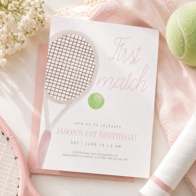 Pink First Match Tennis Birthday Invitation (Creator Uploaded)