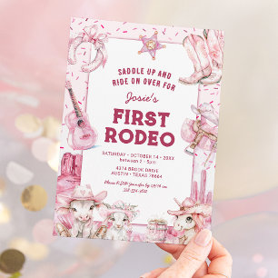 Pink First Rodeo Cowgirl Birthday Invitation