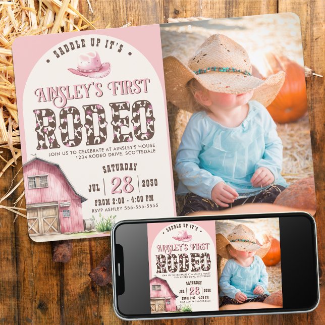 Pink First Rodeo Pink Custom Photo 1st Birthday Invitation (Creator Uploaded)