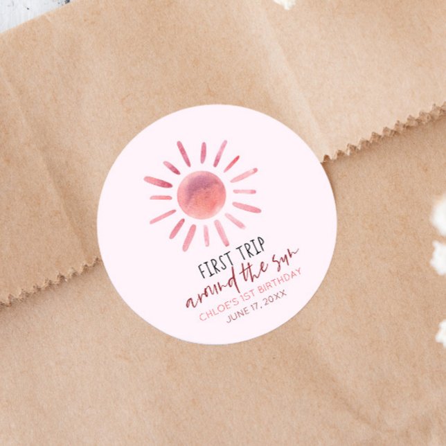 Pink First Trip Around The Sun 1st Birthday Party Classic Round Sticker (Creator Uploaded)
