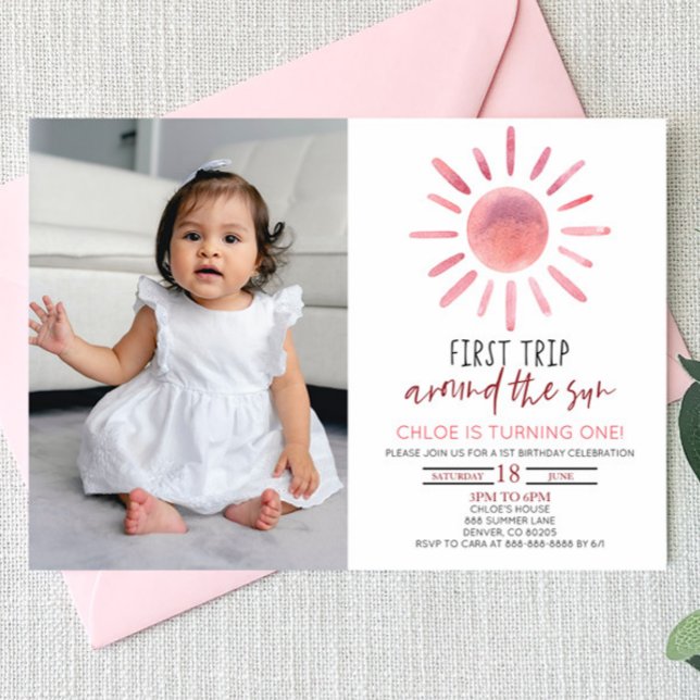 Pink First Trip Around The Sun 1st Birthday Party Invitation (Creator Uploaded)