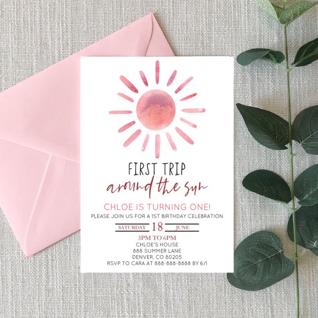 Pink First Trip Around The Sun 1st Birthday Party Invitation (Creator Uploaded)