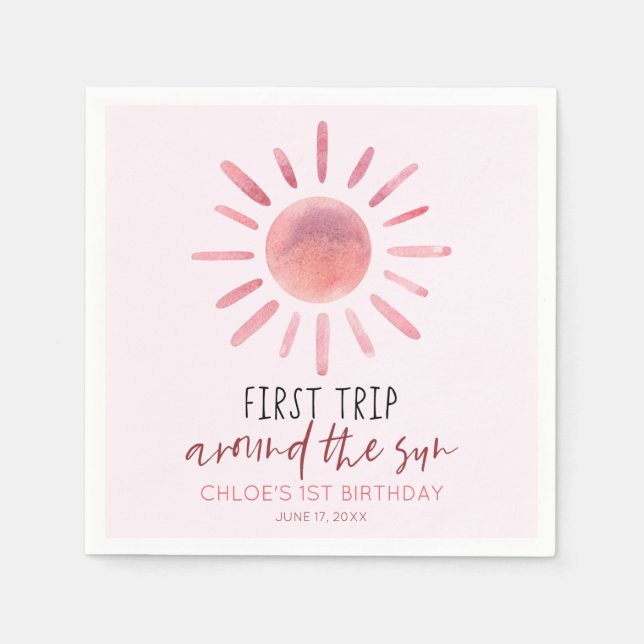 Pink First Trip Around The Sun 1st Birthday Party Napkin (Front)