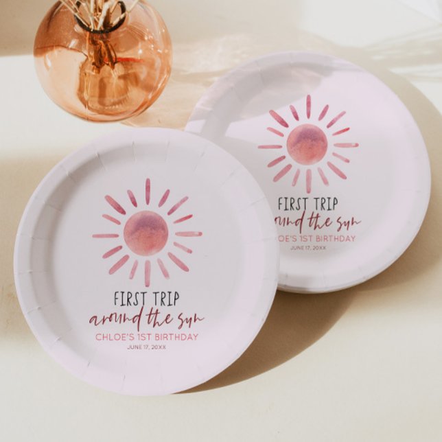 Pink First Trip Around The Sun 1st Birthday Party Paper Plate (Creator Uploaded)