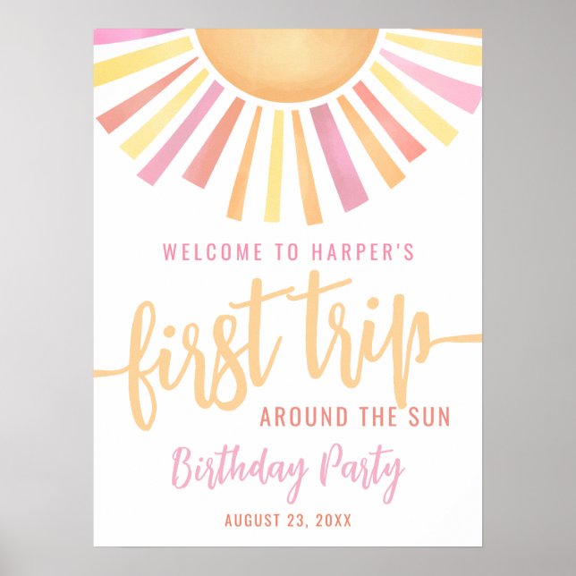 Pink First Trip Around The Sun 1st Birthday Sign (Front)
