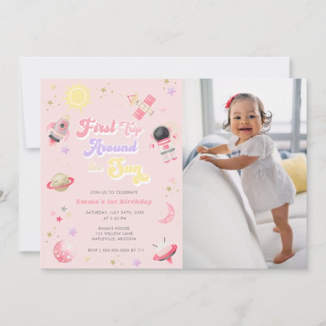 Pink First Trip Around the Sun First Birthday Invitation (Front)