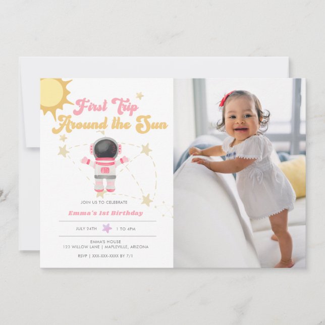 Pink First Trip Around the Sun First Birthday  Invitation (Front)