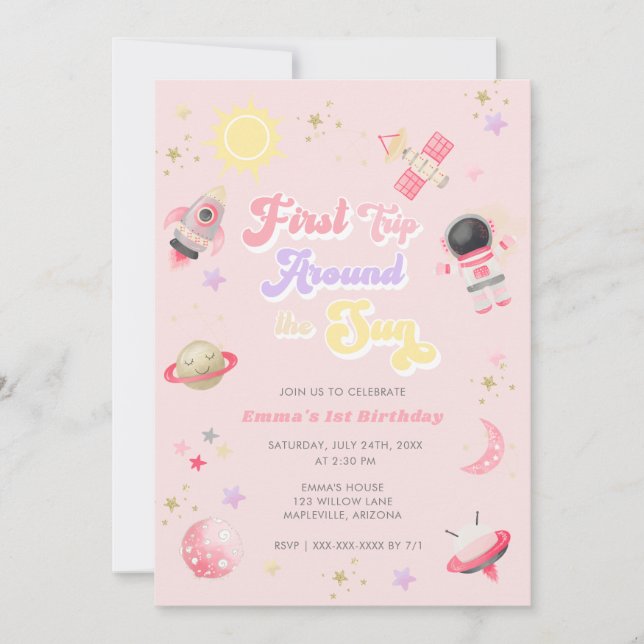 Pink First Trip Around the Sun First Birthday Invitation (Front)