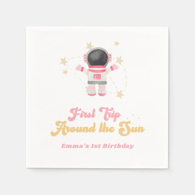 Pink First Trip Around the Sun First Birthday  Napkin (Front)