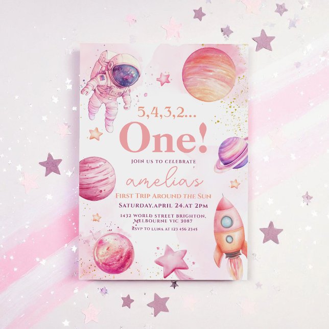 Pink First Trip Around the Sun Space 1st Birthday  Invitation (Creator Uploaded)