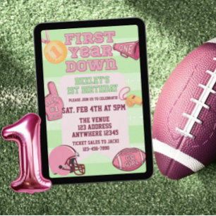 Pink First Year Down US Football 1st Birthday Invitation