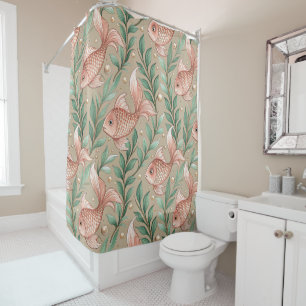 PINK FISH AND GREEN AQUATIC PLANTS & LEAVES SHOWER CURTAIN