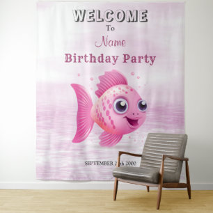 Pink Fish Birthday Party Backdrop Tapestry